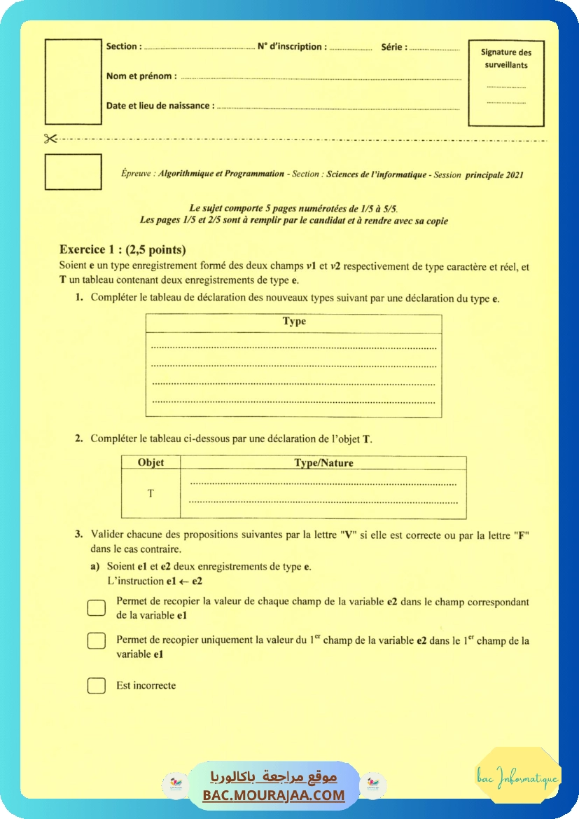 Sujet principale algorithme Bac 2021 – Section info
